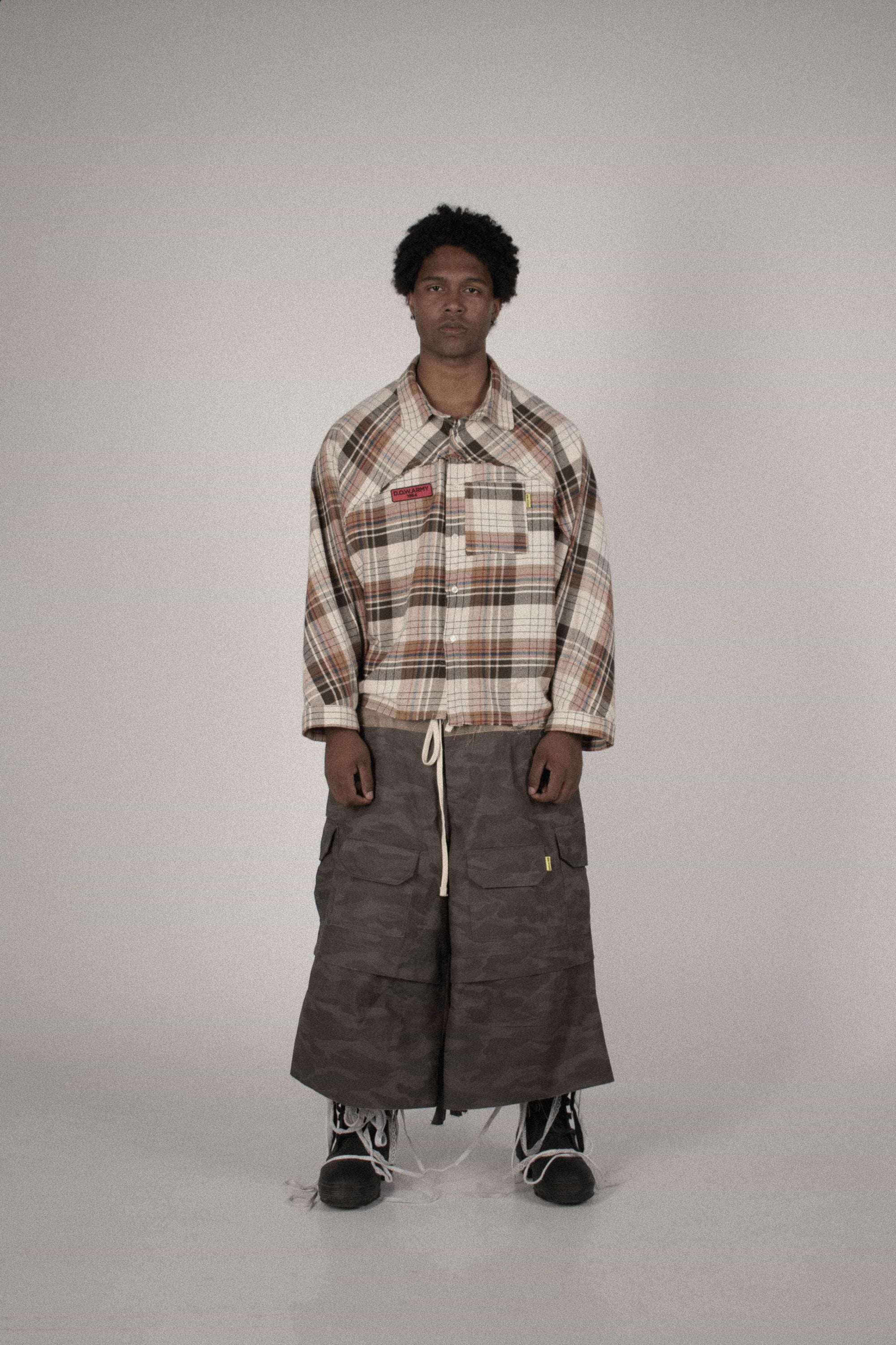 PLAID OVERSIZE SHIRT BROWN RANGLAN SLEEVE