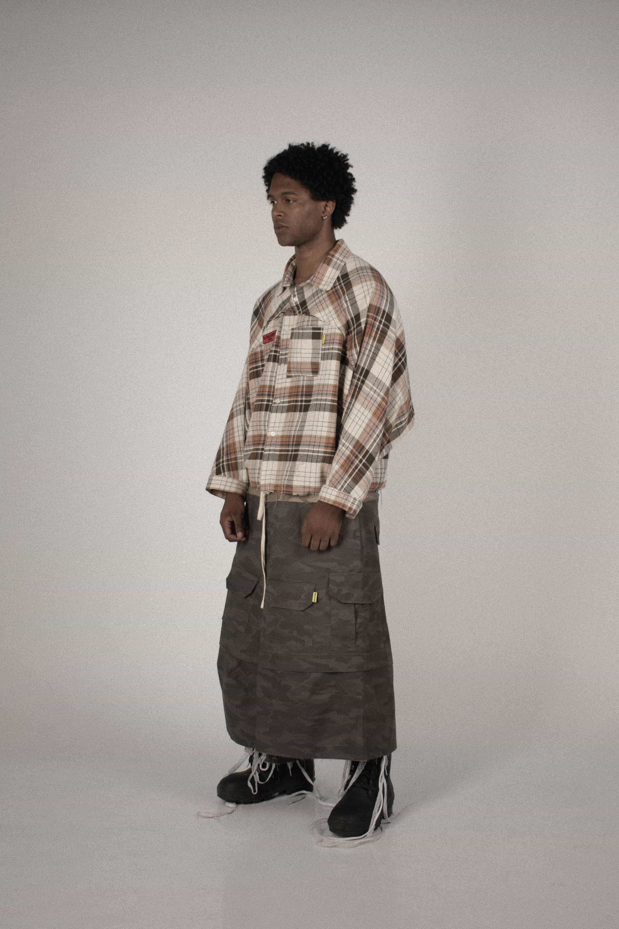 PLAID OVERSIZE SHIRT BROWN RANGLAN SLEEVE