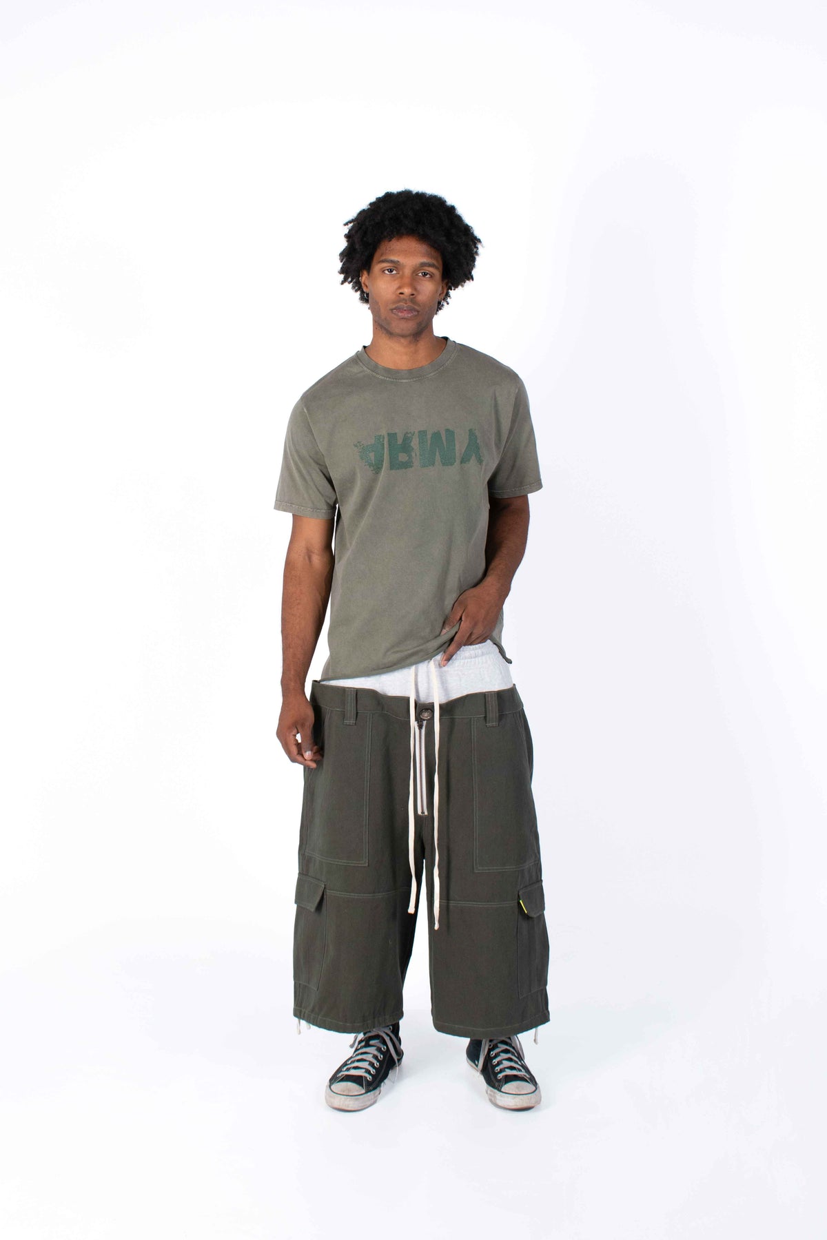 Double Waist Twill Military Green Jorts