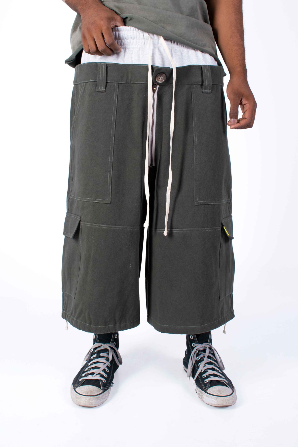 Double Waist Twill Military Green Jorts