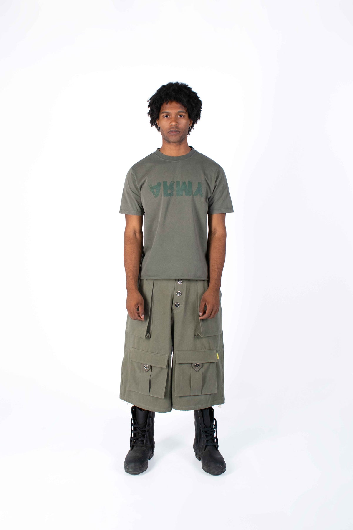 Military green cargo shorts oversized front view