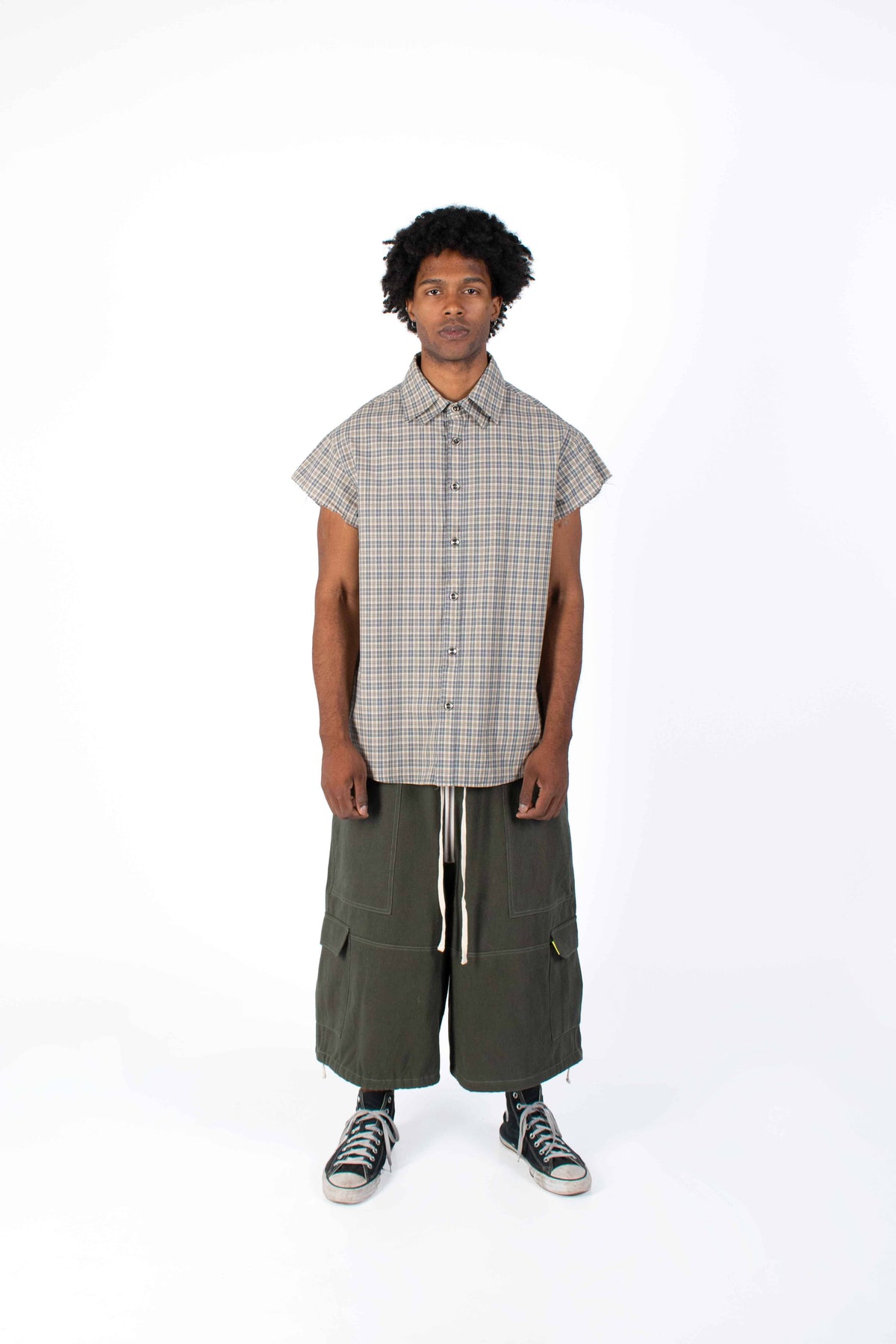 Sleeveless Tartan Plaid Shirt Brown